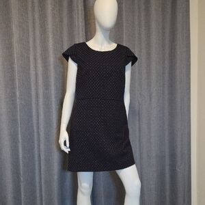 Dex Navy Cap Sleeve Fitted Mini Dress with Tiny Orange Diamond Polka Dot Pattern